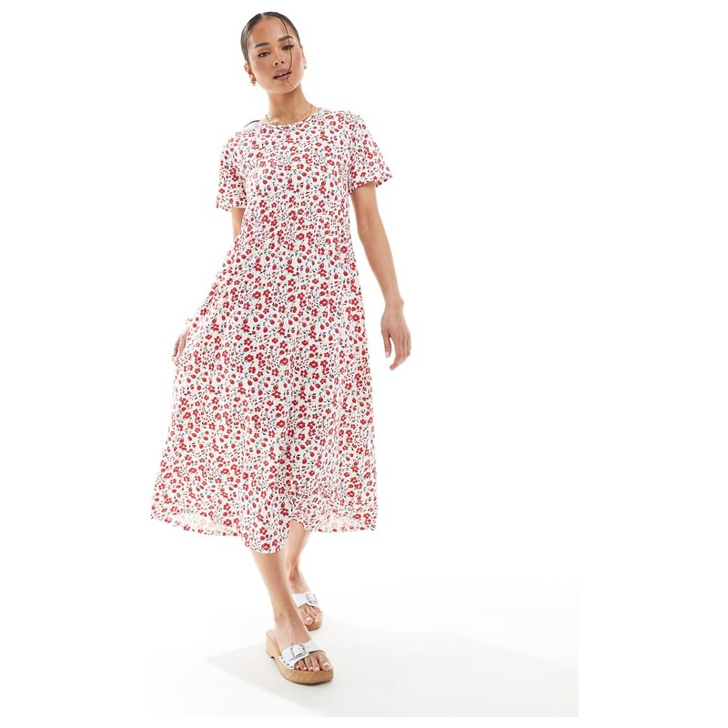 Threadbare short sleeve jersey midi dress with pockets in red floral 106532433