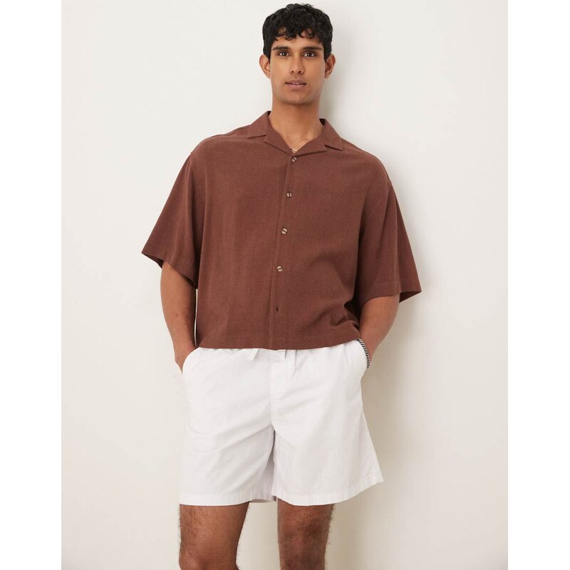 ASOS DESIGN boxy oversized revere linen blend shirt in brown