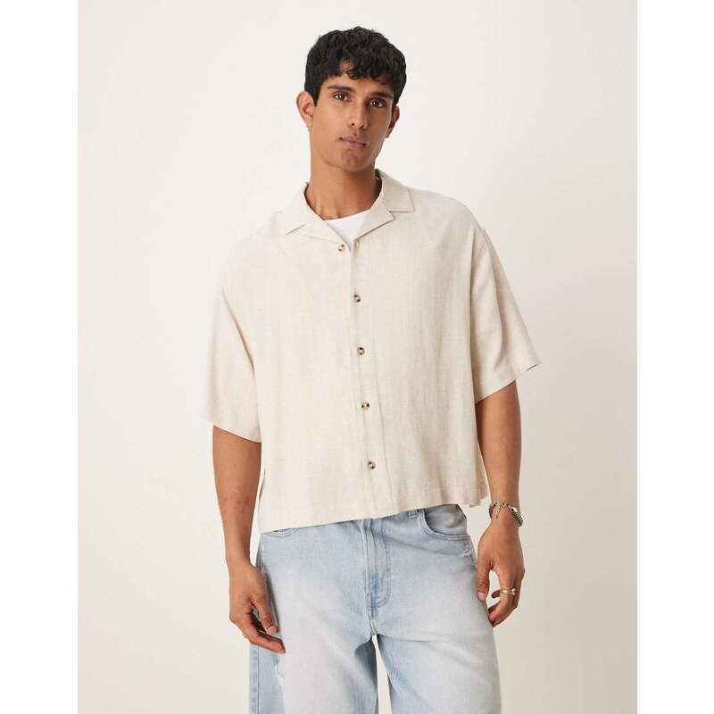 ASOS DESIGN boxy oversized revere linen blend shirt in stone