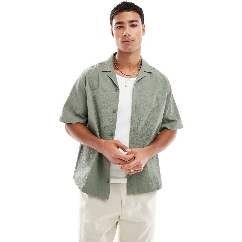ASOS DESIGN boxy revere seersucker shirt in sage green