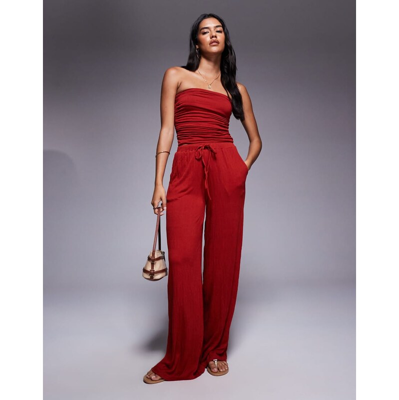 ASOS DESIGN co-ord crinkle tie waist wide leg trouser in rust