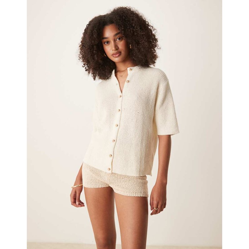 ASOS DESIGN short sleeve boucle cardigan in cream-White