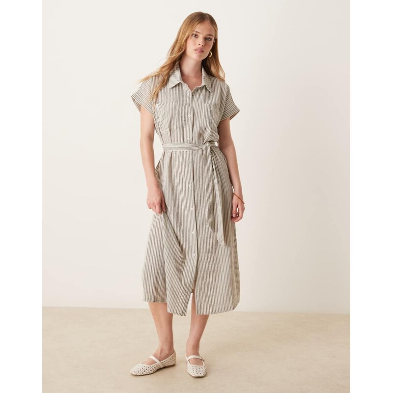 JDY tie waist midi shirt dress in black & white pinstripe 106518917
