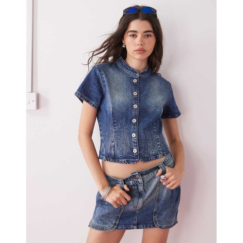 COLLUSION festival denim button through shirt co ord in vintage wash 106518969