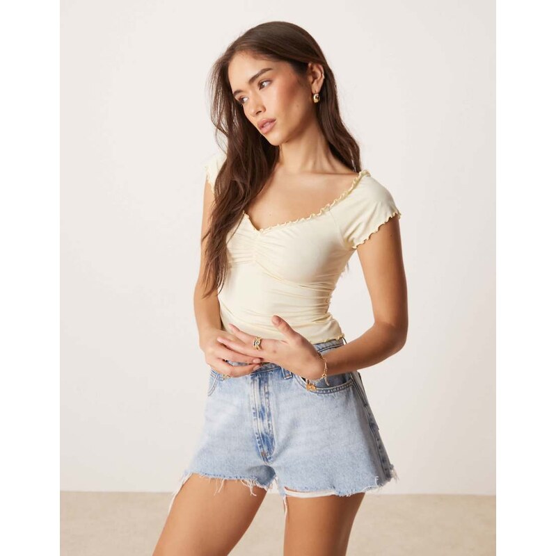 ASOS DESIGN short sleeve ruched lettuce hem top in butter yellow