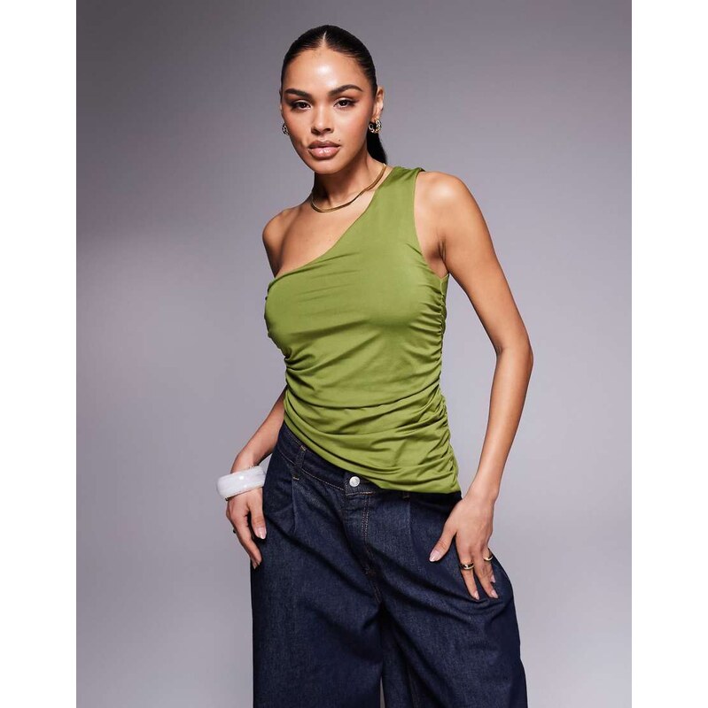 ASOS DESIGN ruched side asymmetric hem double strap one shoulder top 106519010