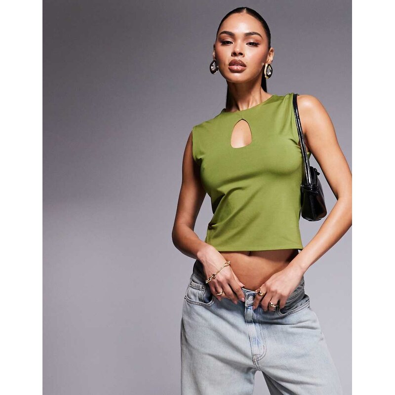 ASOS DESIGN keyhole tank top in slinky in khaki-Green 106519006