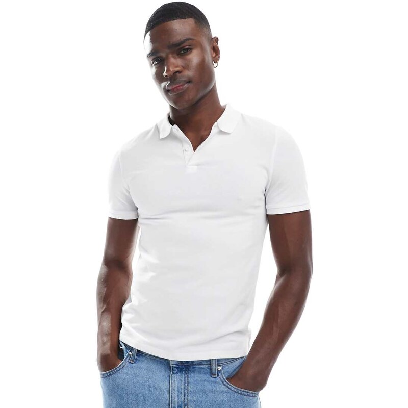 ASOS DESIGN Essentials muscle fit polo in white pique