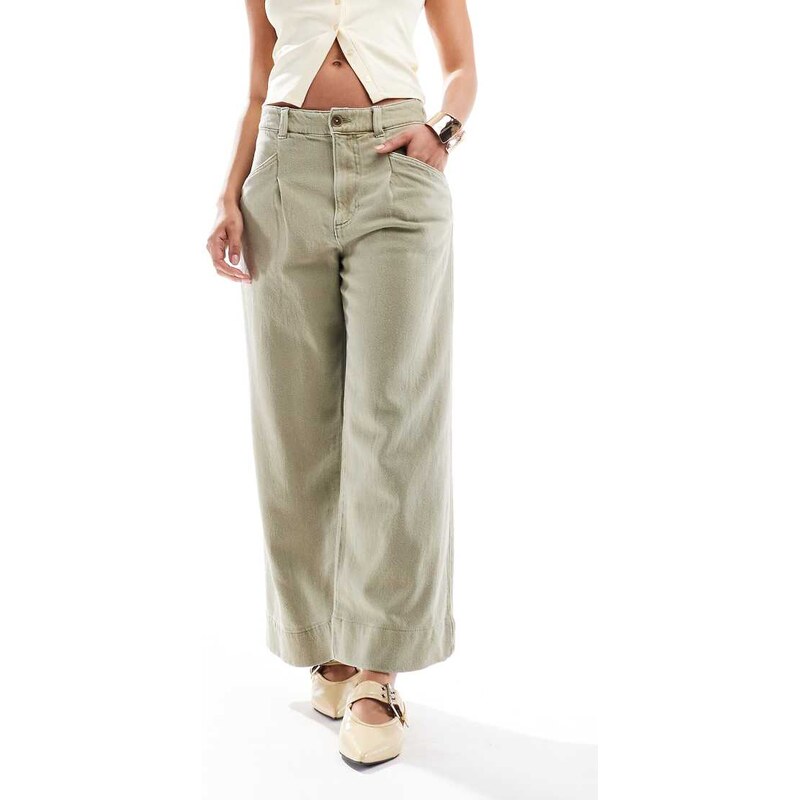 ASOS DESIGN laundered cropped wide leg trousers in washed khaki-Green
