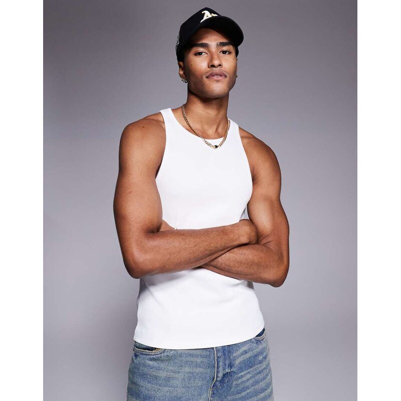 ASOS DESIGN super heavyweight muscle vest in white rib