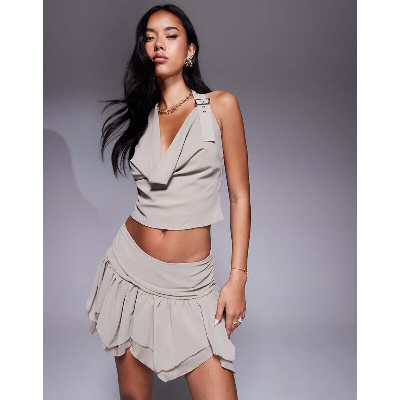Missyempire chiffon cowl neck buckle detail top co-ord in stone-Green 106519185
