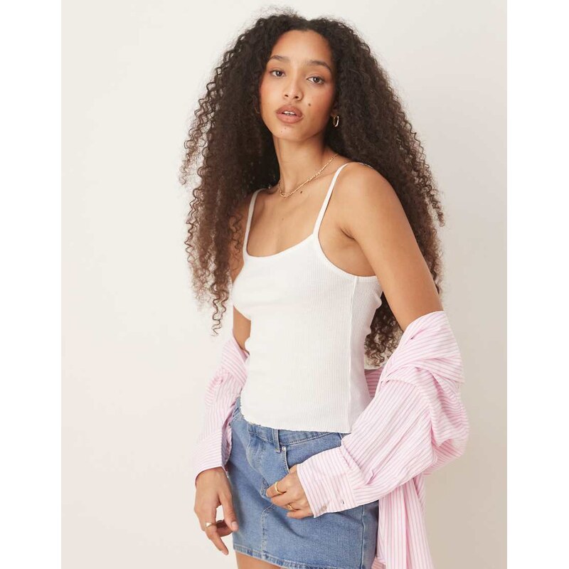 ASOS DESIGN waffle lettuce edge cami vest in cream-White