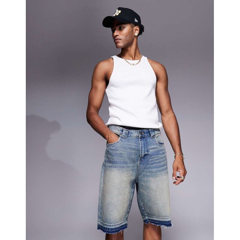 Good For Nothing relaxed denim shorts in midwash blue with raw