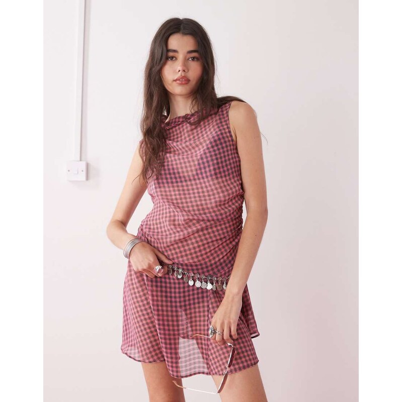 COLLUSION sheer mini dress in sheer pink and black acid gingham