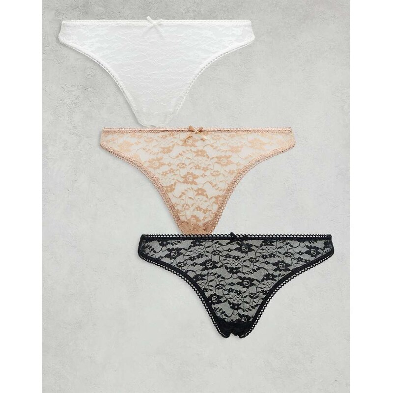 ASOS DESIGN 3 pack all over lace thongs in black, white & beige-Multi 115511731