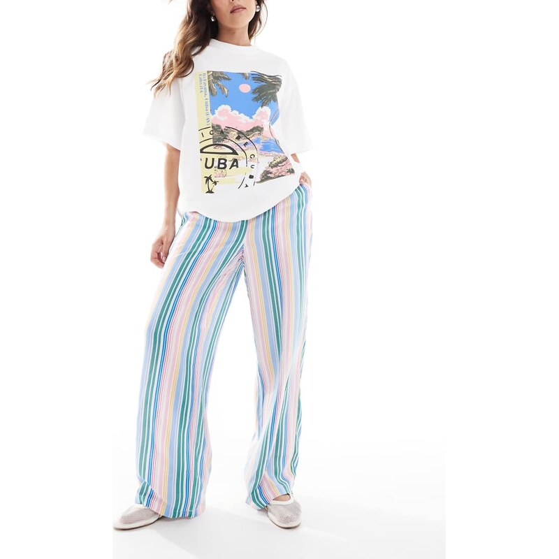 Vero Moda Easy tie waist wide leg trousers in candy stripe-White