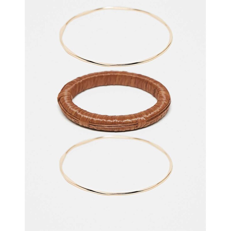 ASOS DESIGN multipack of bangles in raffia and gold tone 106519381