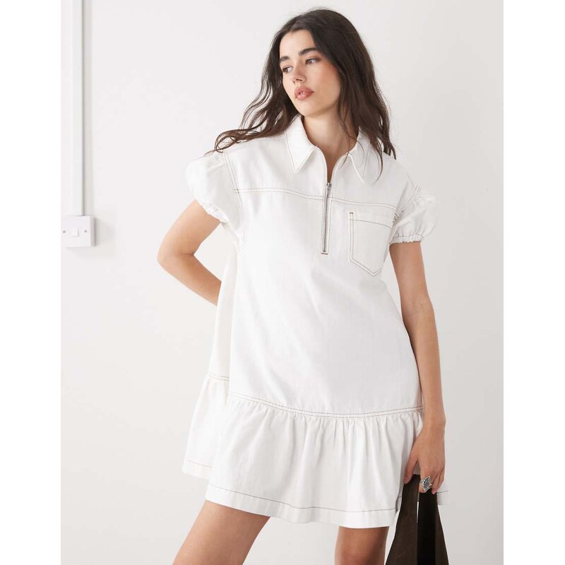 COLLUSION denim smock dress in ecru-Neutral 106519284