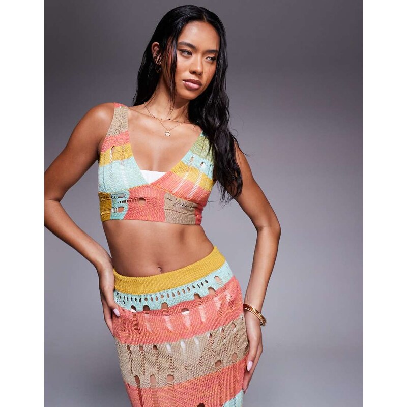 Missyempire beach distressed knit tie back bralet co-ord in multi 106519397