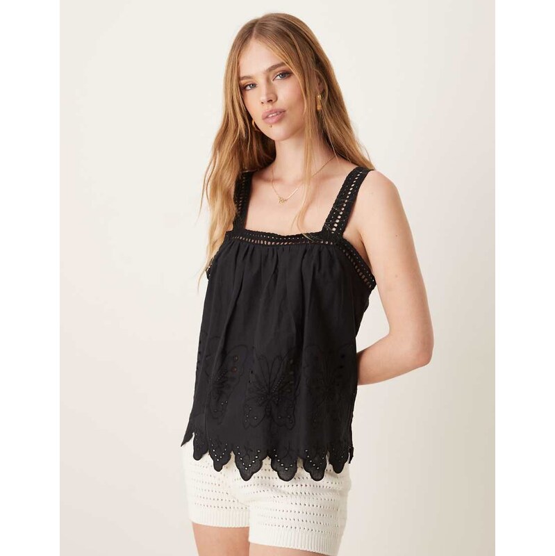 JDY scallop edge top with crochet straps and embroidery detail in black