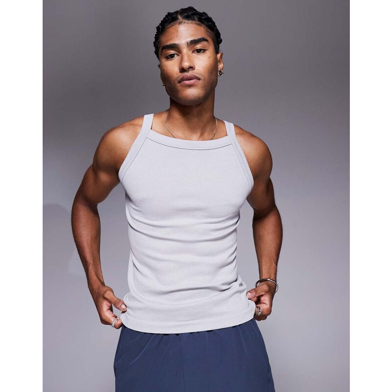 4505 seamless ribbed square neck muscle vest in grey marl