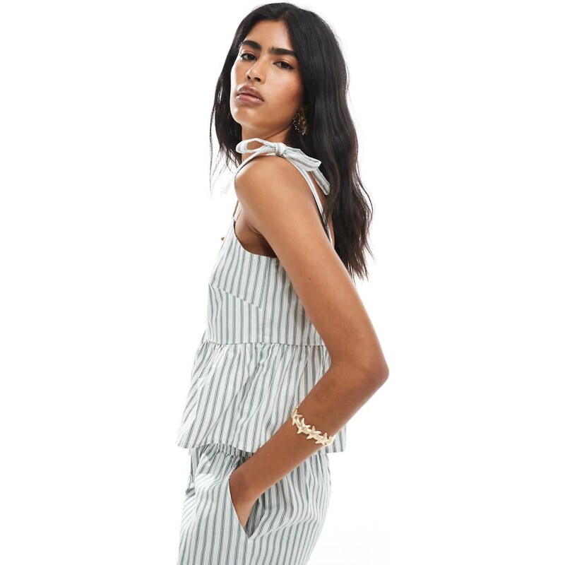 Pieces tie shoulder peplum hem cami top co-ord in green and white 106519462