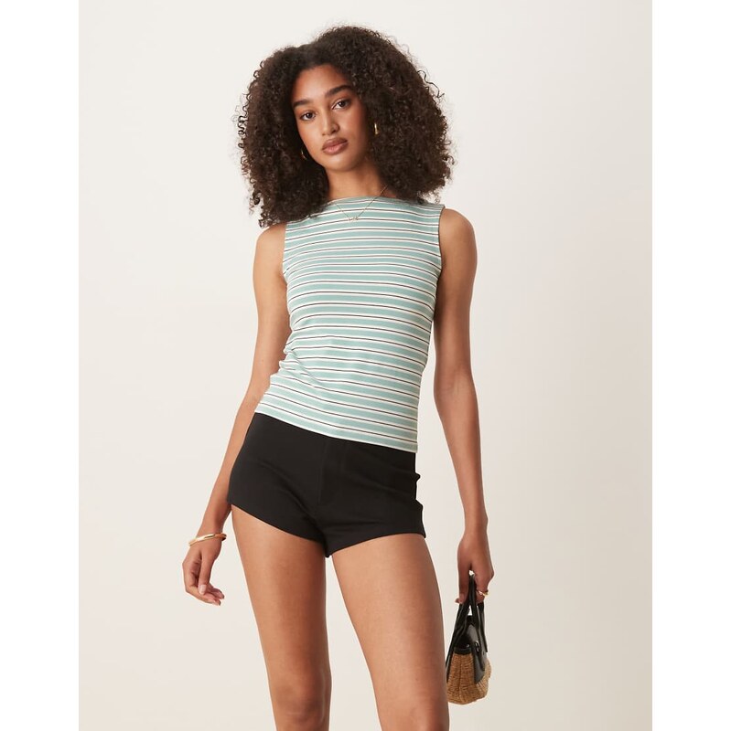 Mango slim fit boat neck striped top in green