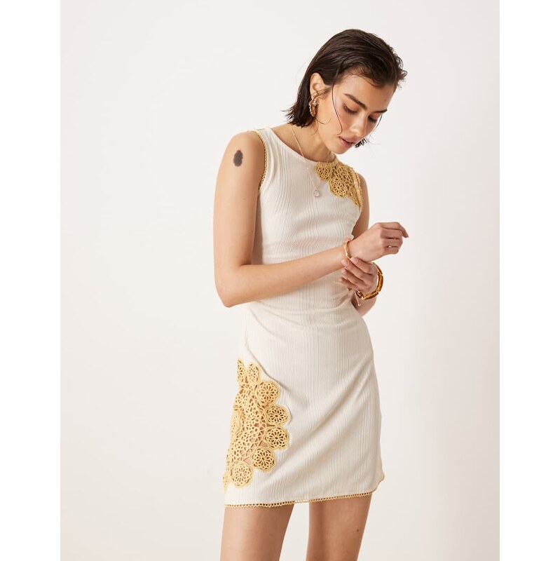 ASOS DESIGN sleeveless rib crochet panel mini dress in cream