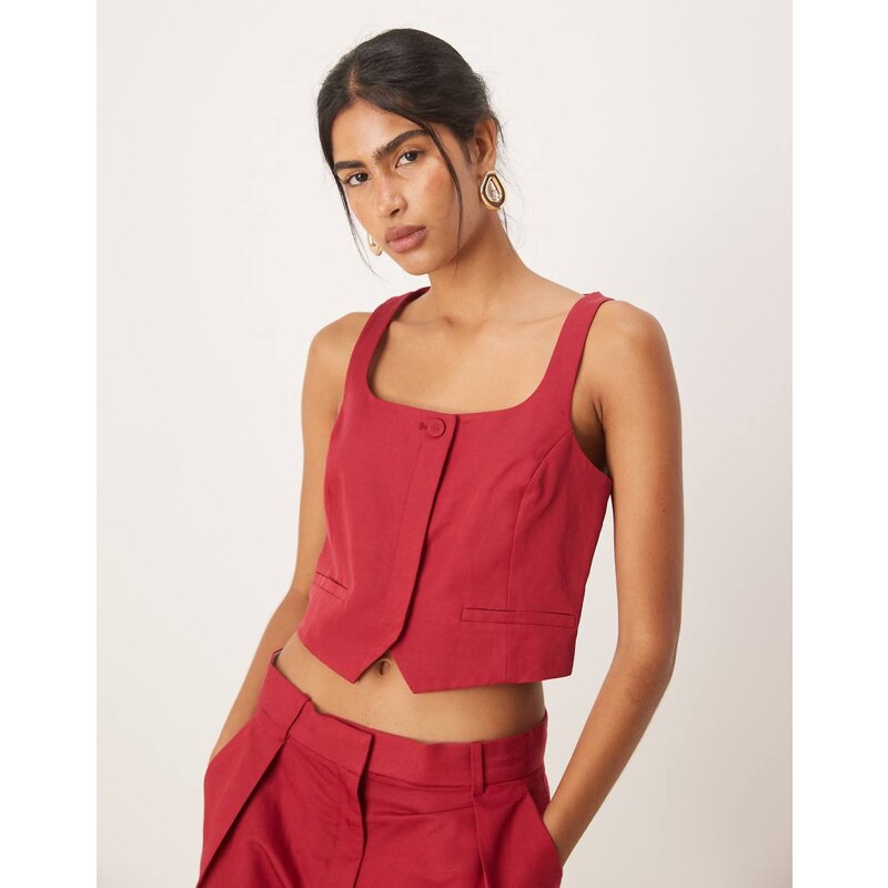 Mango linen blend square neck waistcoat co-ord in red 106519522