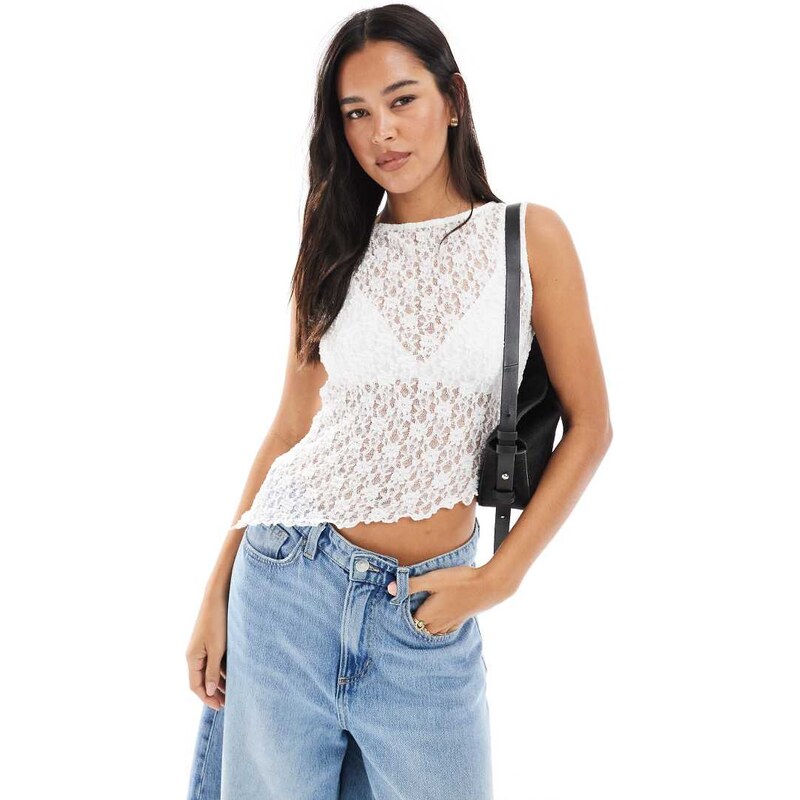 ASOS DESIGN lace asymmetric hem sleeveless top in ivory-White