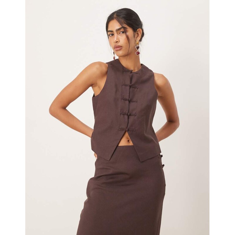Mango linen blend round neck waistcoat co-ord in chocolate-Brown 106519562