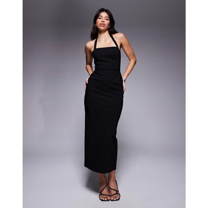 ASOS DESIGN bengaline halter pencil midi dress in black