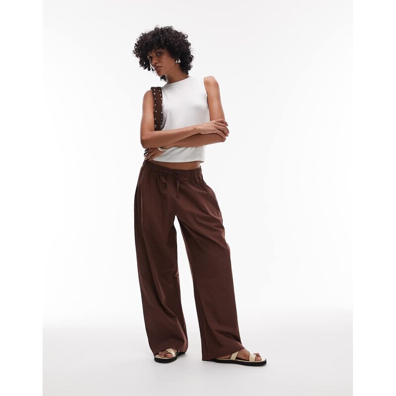 Topshop poplin pull on wide leg trouser in brown 106603822