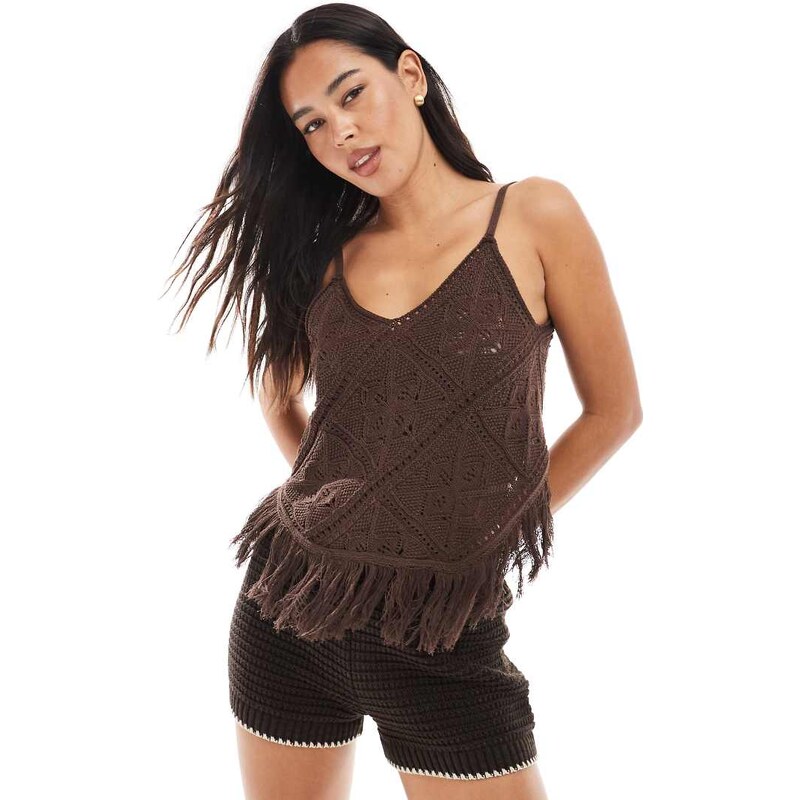 ASOS DESIGN crochet knit top with fringing and tie back in brown 106519585