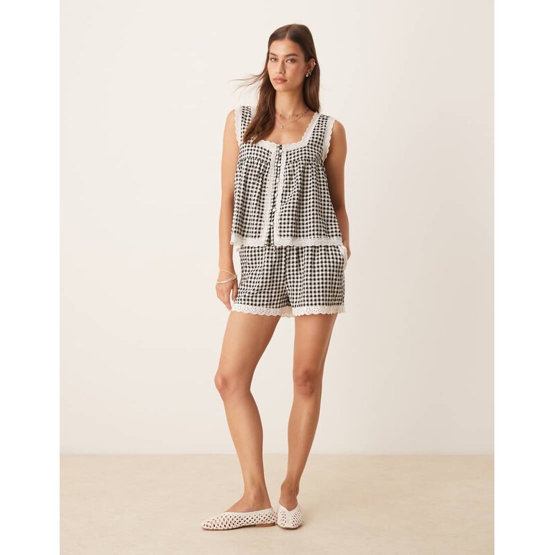 ASOS DESIGN lace trim micro short in black gingham-Multi