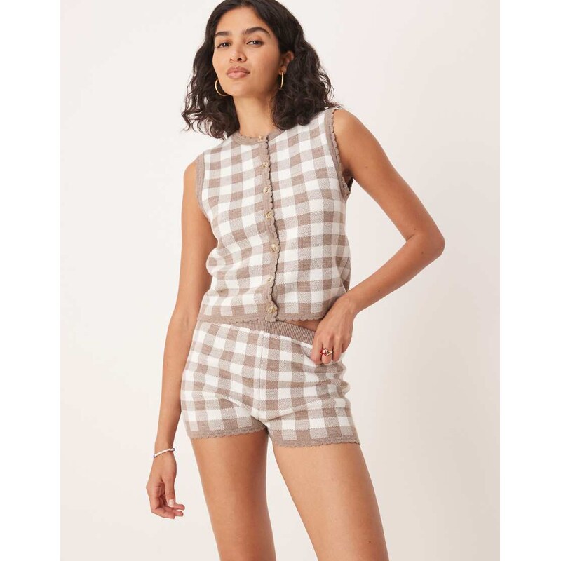 ASOS DESIGN knitted gingham short co-ord with scalloped edge in