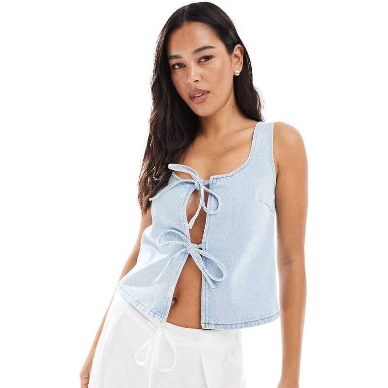 ASOS DESIGN tie front denim top with square neck in bleach-Blue
