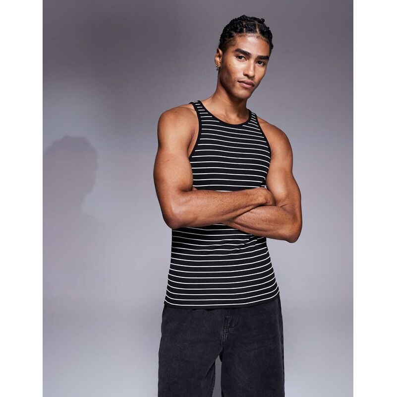 ASOS DESIGN muscle fit vest in black and white stripe-Multi