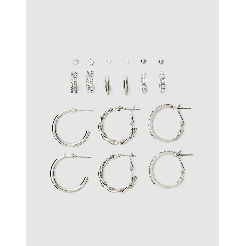 Stradivarius 9 pack of rhinestone and pearl bead hoop earrings in grey 106519662