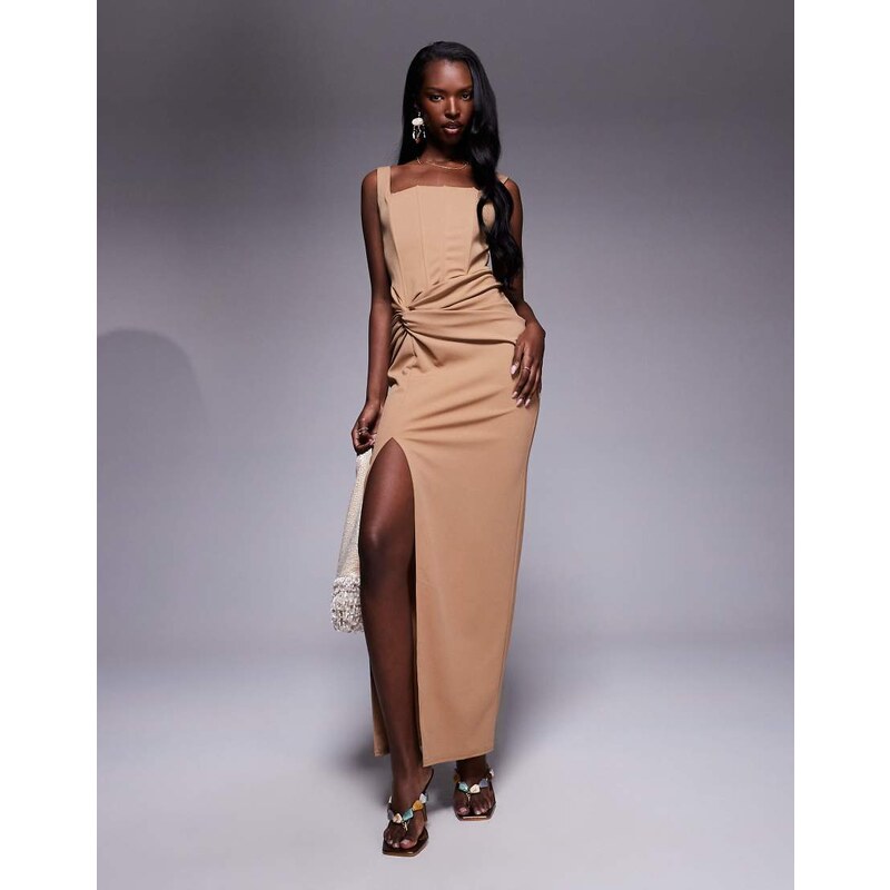 TFNC corset midi dress with knot front in mocha-Brown 106519405