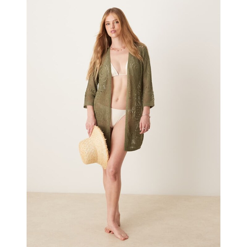 JDY crochet beach kimono in khaki-Green 106519425
