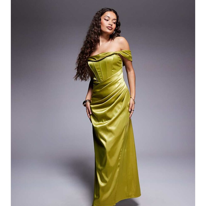 TFNC Petite drop shoulder satin corset maxi dress in olive-Green