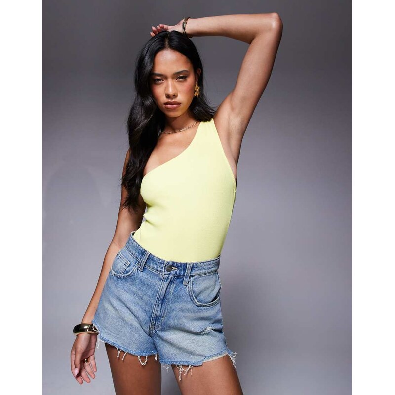 ASOS DESIGN rib one shoulder bodysuit in butter yellow-Green 106519478