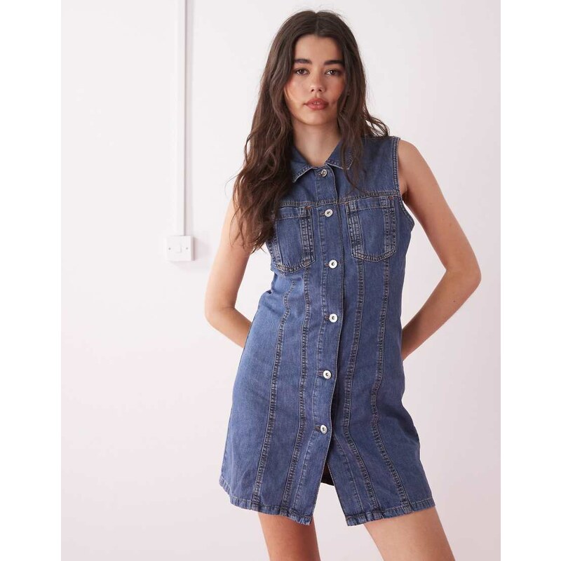 COLLUSION 90s denim sleeveless shirt dress in mid wash-Blue 106519538