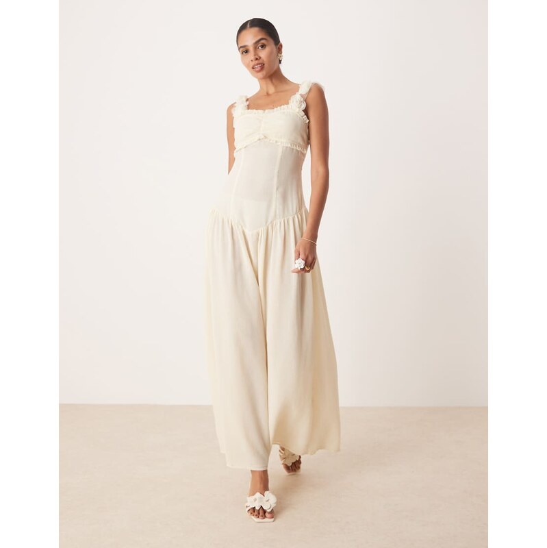 Amy Lynn drop hem maxi dress with 3d floral straps in cream