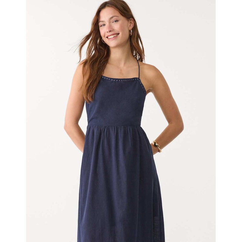 Stradivarius open back midi dress in navy blue 106612571