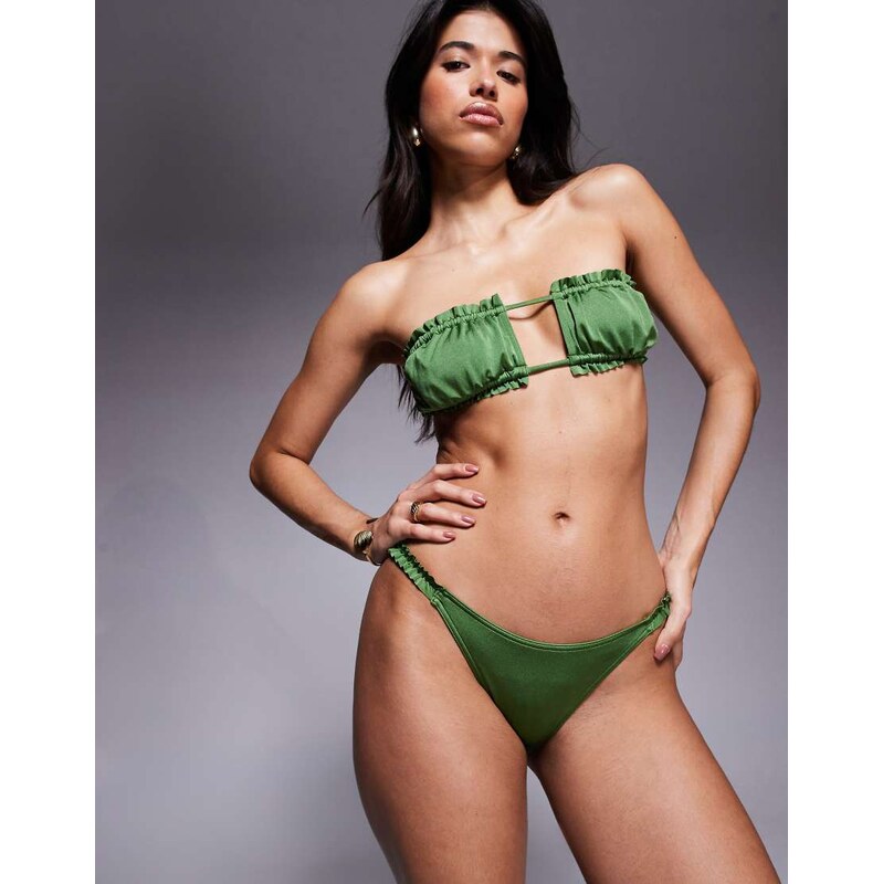 ASOS DESIGN ruched side hipster bikini bottom in green-Orange 115512224
