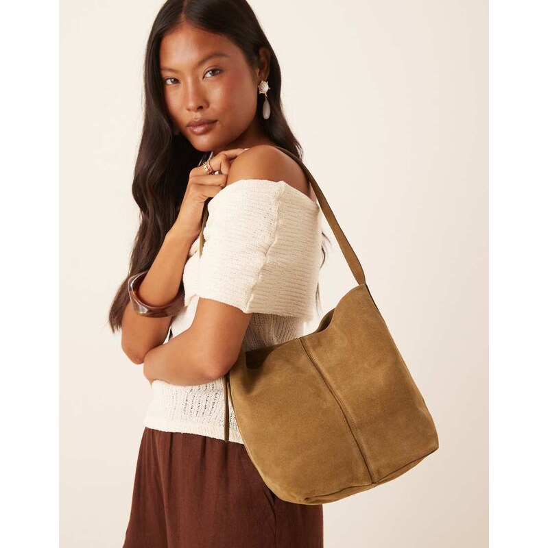 Mango buckle strap detail suede bag in tan-Brown 106519474