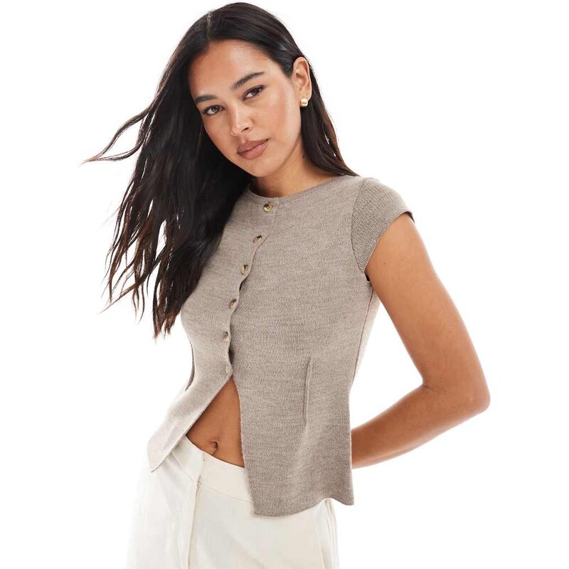 ASOS DESIGN knitted cardigan with cap sleeves in mocha-Brown 106519646