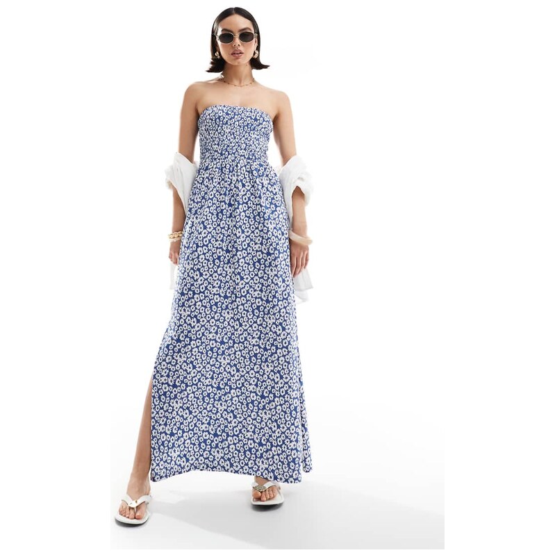 Threadbare bandeau midi dress with shirred bust in blue floral print 115510461